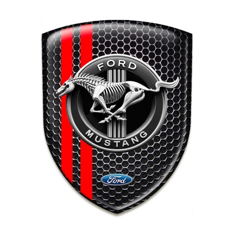 Ford Mustang Logo Emblem Perforated Steel Red Lines Warp Horse Skeleton Logo 