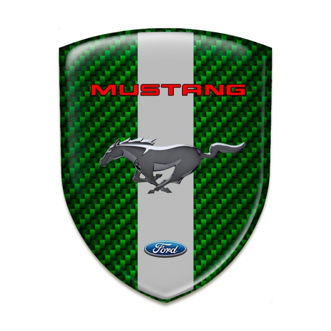 Ford Mustang 3D Gel Emblem Green Carbon with Grey Ribbon Base Red Logo Inscription