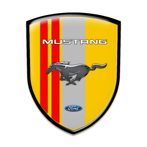 Ford Mustang Domed Emblem Yellow Base Red Grey Ribbons Black Outlain 