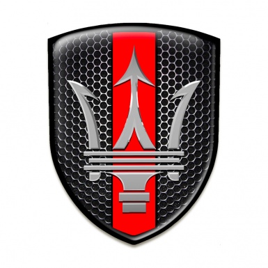 Maserati 3D Gel Emblem Perforated Steel with Red Ribbon Base and Big Logo 