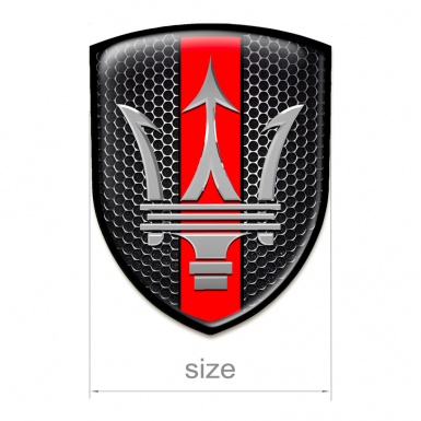 Maserati 3D Gel Emblem Perforated Steel with Red Ribbon Base and Big Logo 