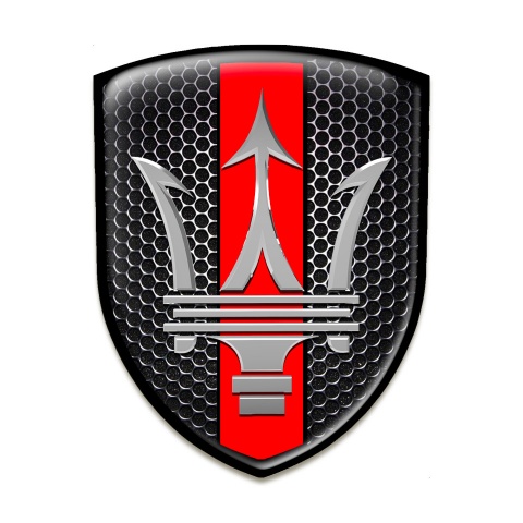 Maserati 3D Gel Emblem Perforated Steel with Red Ribbon Base and Big Logo 