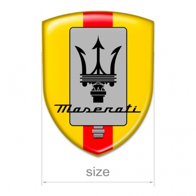 Maserati Domed Emblem Yellow Print with Red Ribbon and New Logo Design 