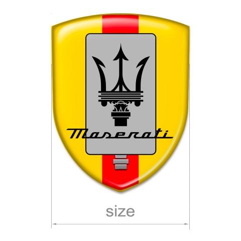 Maserati Domed Emblem Yellow Print with Red Ribbon and New Logo Design 