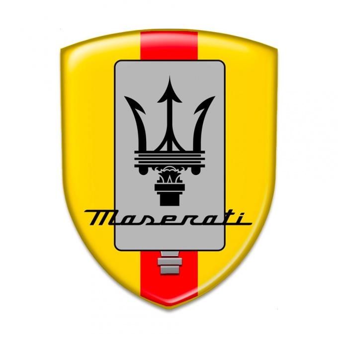 Maserati Domed Emblem Yellow Print with Red Ribbon and New Logo Design 