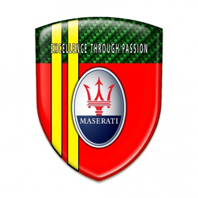 Maserati 3D Gel Emblem Red with Green Carbon Background and Yellow Lines Style 