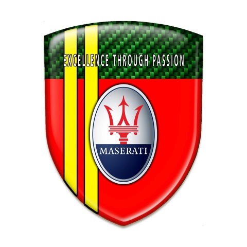 Maserati 3D Gel Emblem Red with Green Carbon Background and Yellow Lines Style 