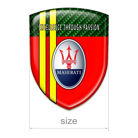 Maserati 3D Gel Emblem Red with Green Carbon Background and Yellow Lines Style 