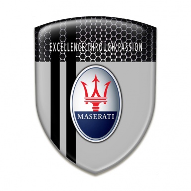 Maserati Self Adhesive Emblem Logo Grey with Perforated Steel Base Black Stripes Type 