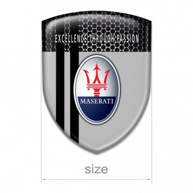 Maserati Self Adhesive Emblem Logo Grey with Perforated Steel Base Black Stripes Type 