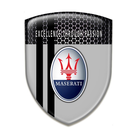 Maserati Self Adhesive Emblem Logo Grey with Perforated Steel Base Black Stripes Type 