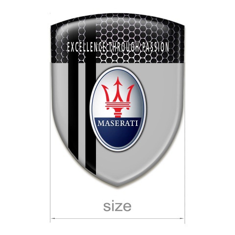 Maserati Self Adhesive Emblem Logo Grey with Perforated Steel Base Black Stripes Type 
