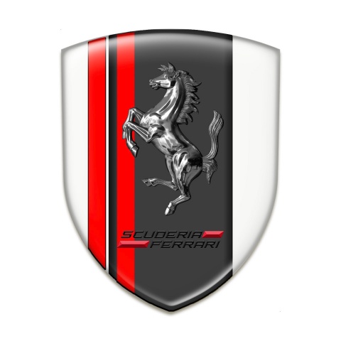 Ferrari Car Accessories Badge White Base with Red Lines and Chromed Horse 