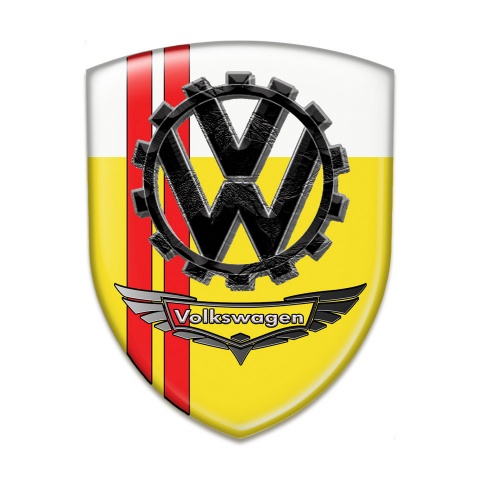 VW Logo Emblem Yellow White Print with Red Lines and 3D Logo 