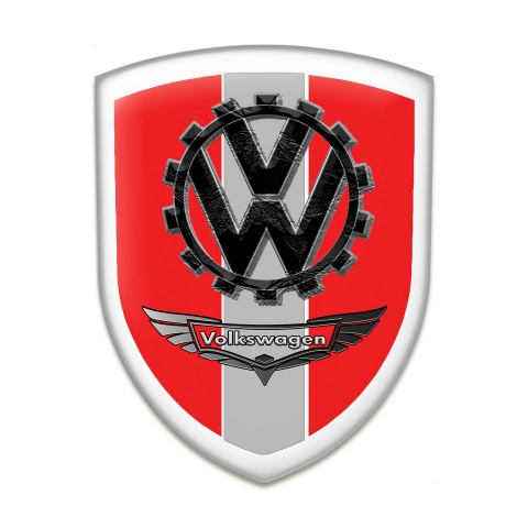 VW Car Interior Badge Red Base With Grey Ribbon and Bird Logo Effect