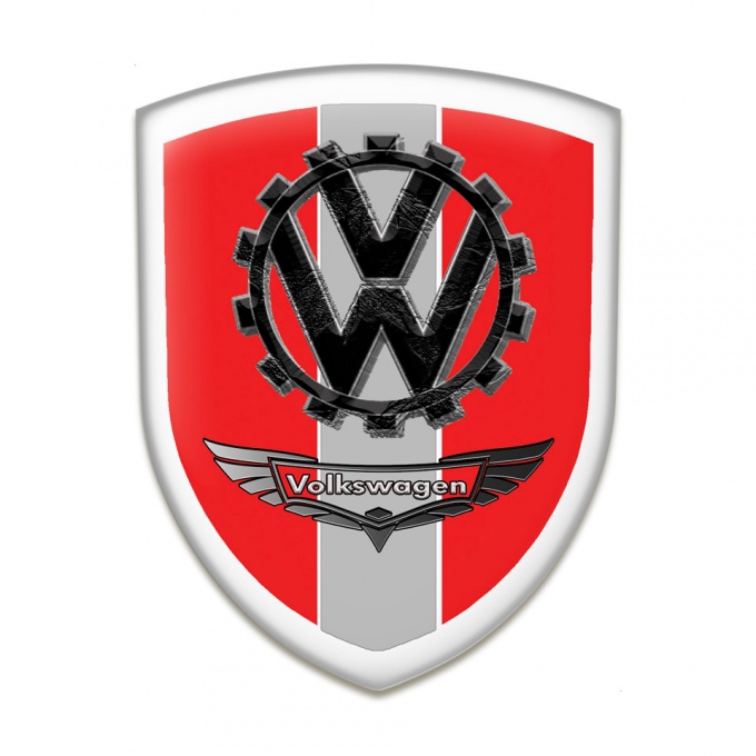 VW Car Interior Badge Red Base With Grey Ribbon and Bird Logo Effect