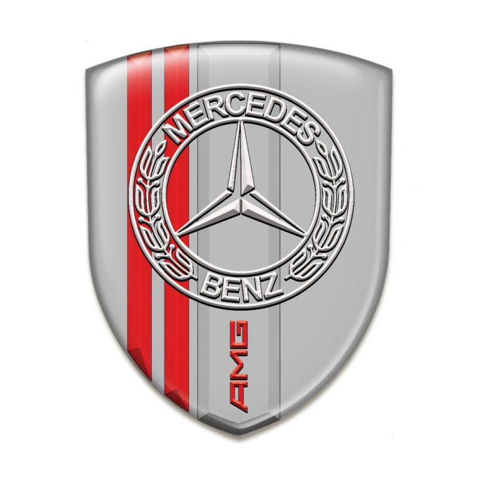 Mercedes Self Adhesive Emblem Logo Grey with Red Lines Base AMG design 
