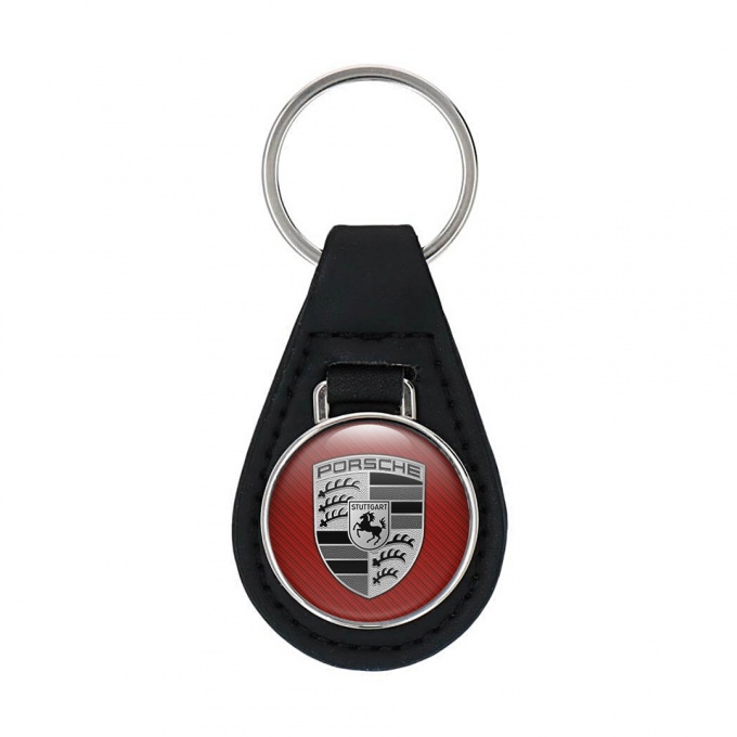 Porsche Keychain Leather Logo Red Carbon