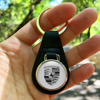 Porsche Key Chian Leather Grey Base Monochrome Logo 