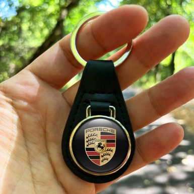 Porsche Keychain Leather Black Base Classic Logo