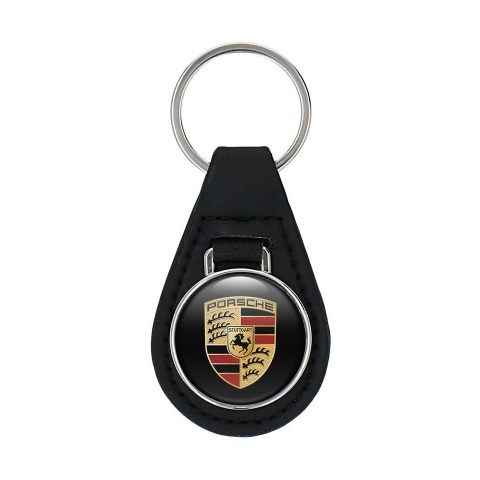 Porsche Keychain Leather Black Base Classic Logo