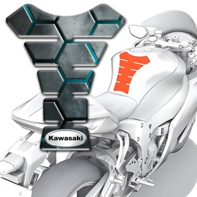 Kawasaki Tank Pad Motorbike Gray Hexagons Style Oval Silver Logo 