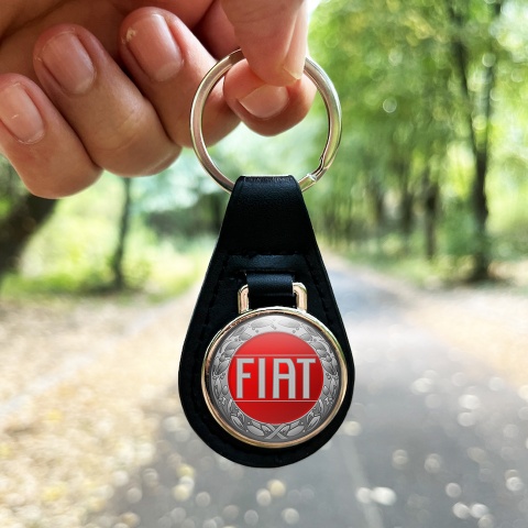 Fiat Leather Keychain Silver Laurel Red Design