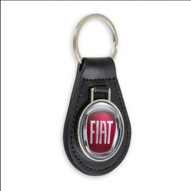 Fiat Leather Keychain Chrome Circle Red Design