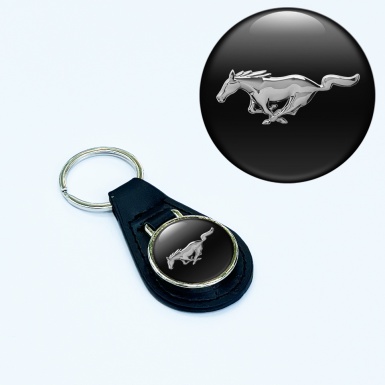 Ford Mustang Leather Keychain Black Chrome Design