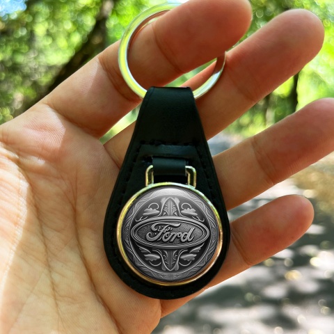 Ford Keyring Holder Leather Silver Leaf Design