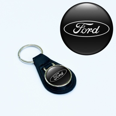 Ford Leather Keychain Black White Classic Design