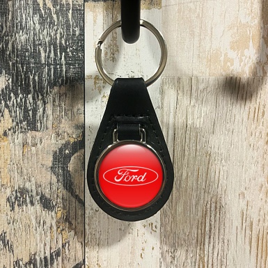 Ford Key Fob Leather Red White Logo Classic