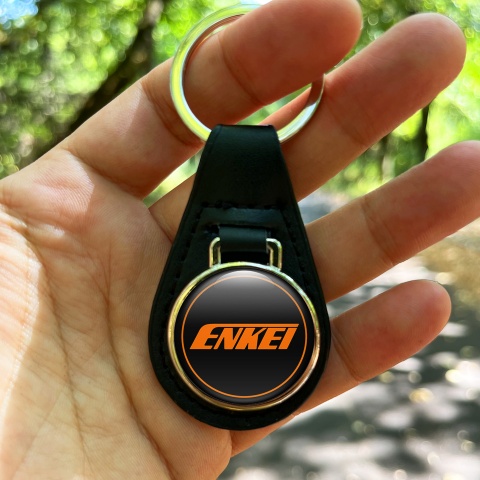 Enkei Keyring Holder Leather Black Orange Circle Edition
