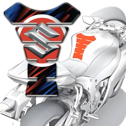 Suzuki Tank Guard Pads Black Base with Blue Red Patterns and Silver logo 