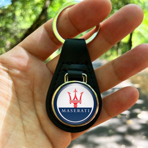 Maserati Leather Keychain White Blue Clean Logo