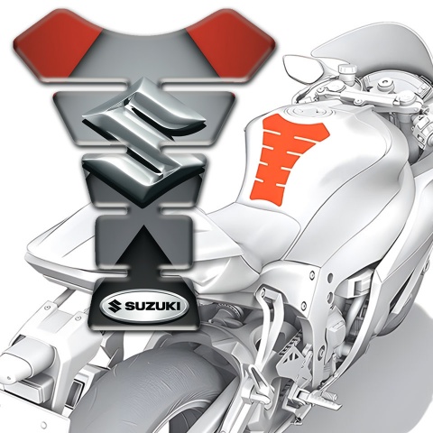 Suzuki Tank Pad Motorbike Gray Red Print with 3D Silver logo 