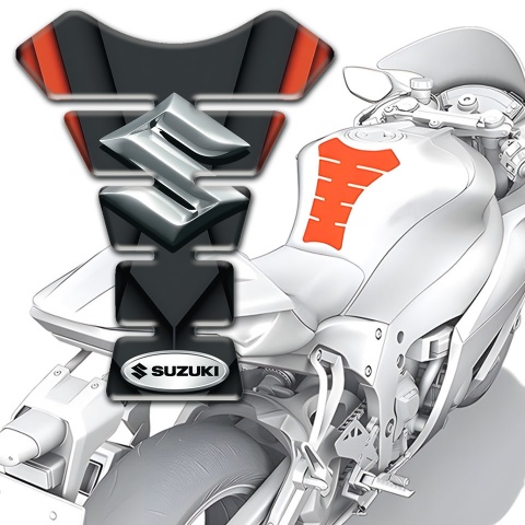Suzuki Tank Guard Pads Black with Orange Motive base Style and Silver Logo 