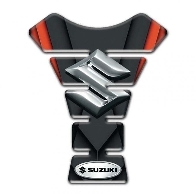 Suzuki Tank Guard Pads Black with Orange Motive base Style and Silver Logo 