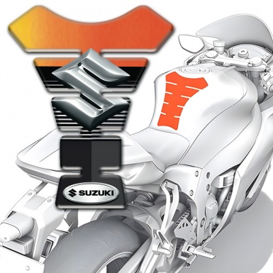 Suzuki Tank Guard Pads Orange Black Background with Silver 3D logo 