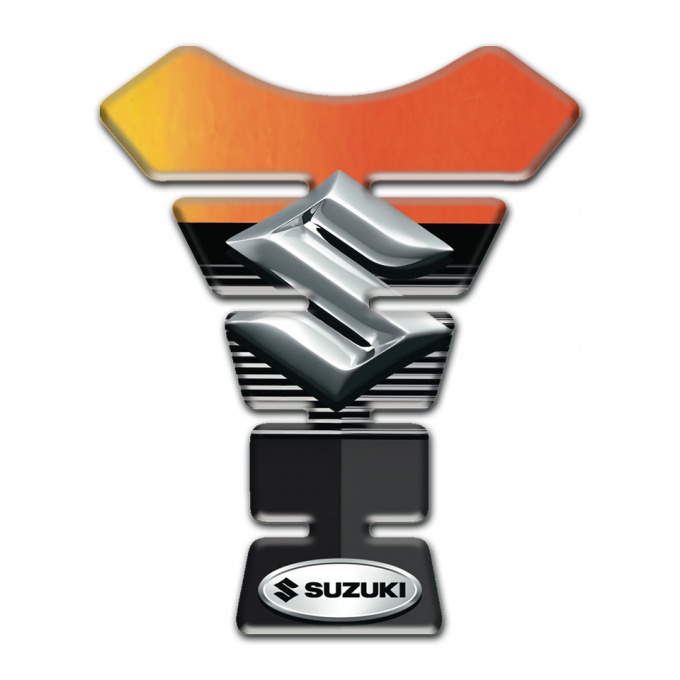 Suzuki Tank Guard Pads Orange Black Background with Silver 3D logo 