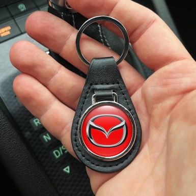Mazda Keyring Holder Leather Red Silver Chrome Design