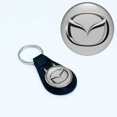 Mazda Leather Keychain Light Grey Chrome Logo