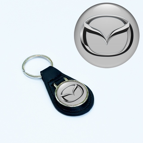 Mazda Leather Keychain Light Grey Chrome Logo