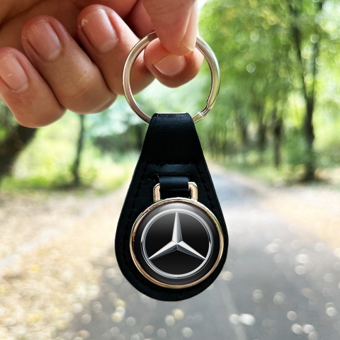 Mercedes Benz Keyring Holder Leather Black Metallic Circle Logo