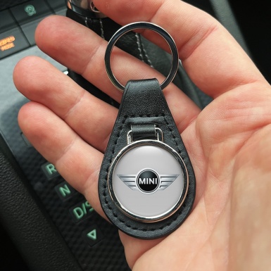 Mini Cooper Keychain Leather Silver Metallic Logo