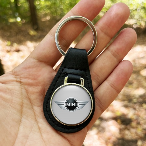 Mini Cooper Keychain Leather Silver Metallic Logo