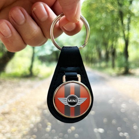 Mini Cooper Keychain Leather Orange Black Sewn Design