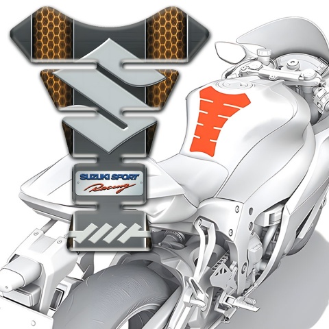 Suzuki Tank Pad Motorbike Copper Honeycomb Motive Design and Big Gray Logo 