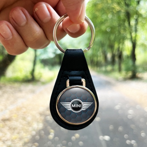 Mini Cooper Keychain Leather Graphite Blue Honeycomb Edition