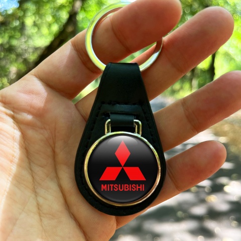 Mitsubishi Keyring Holder Leather Black Red Classic Design